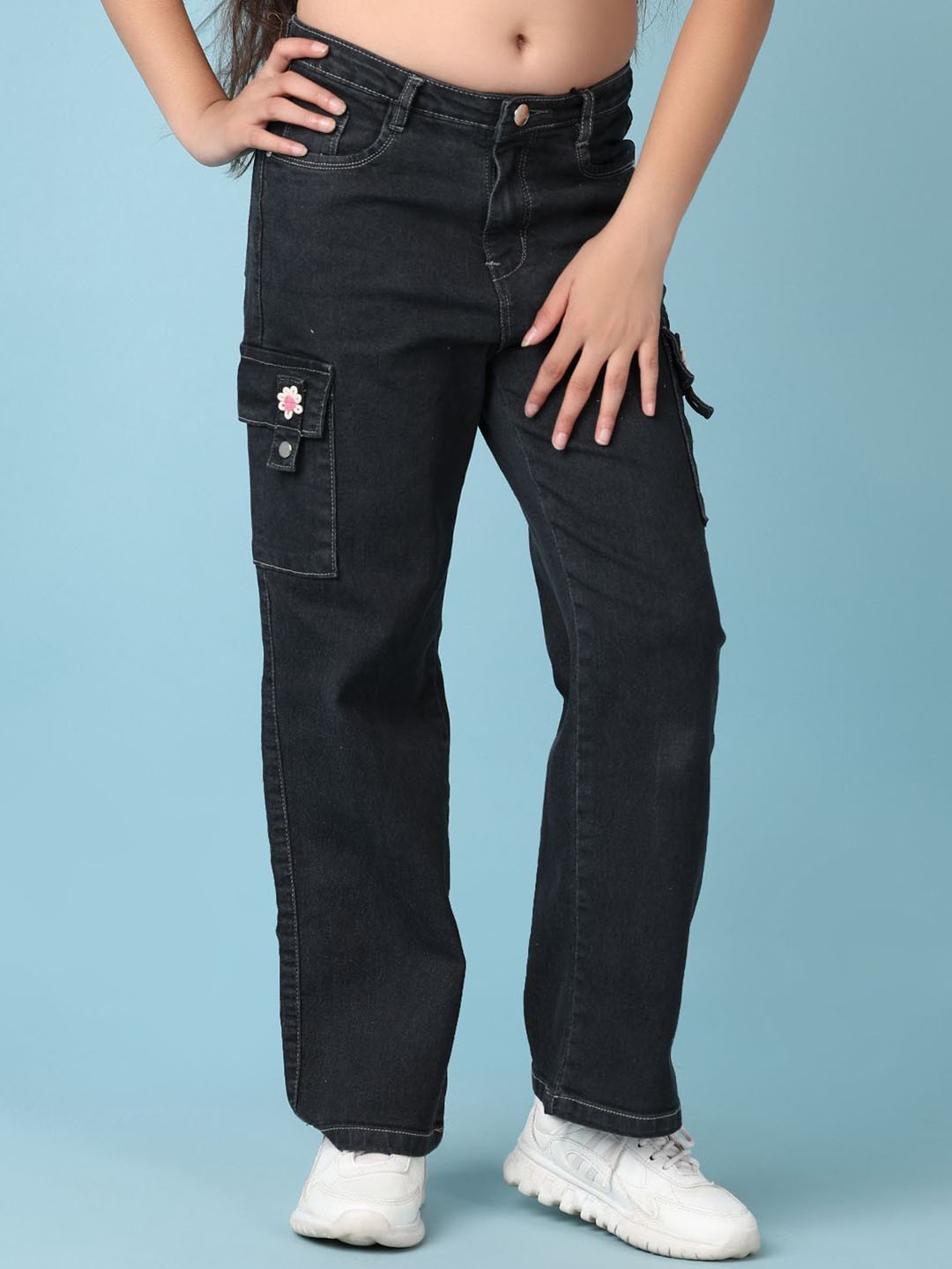 

V-Mart Girls Cotton Regular Fit Low Distress Stretchable Jeans, Black