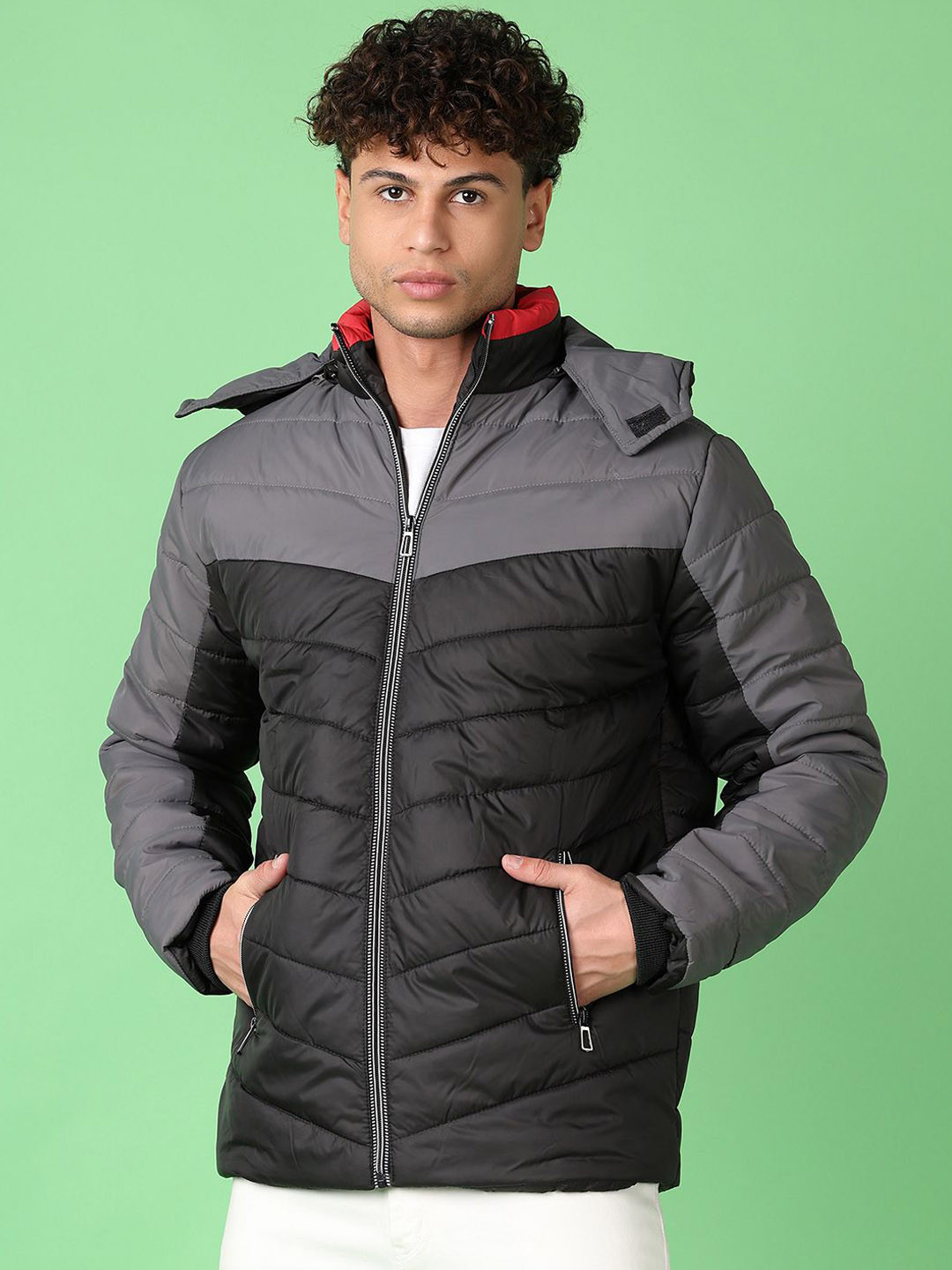 

V-Mart Men Hooded Colourblocked Cotton Casual Padded Jacket, Black