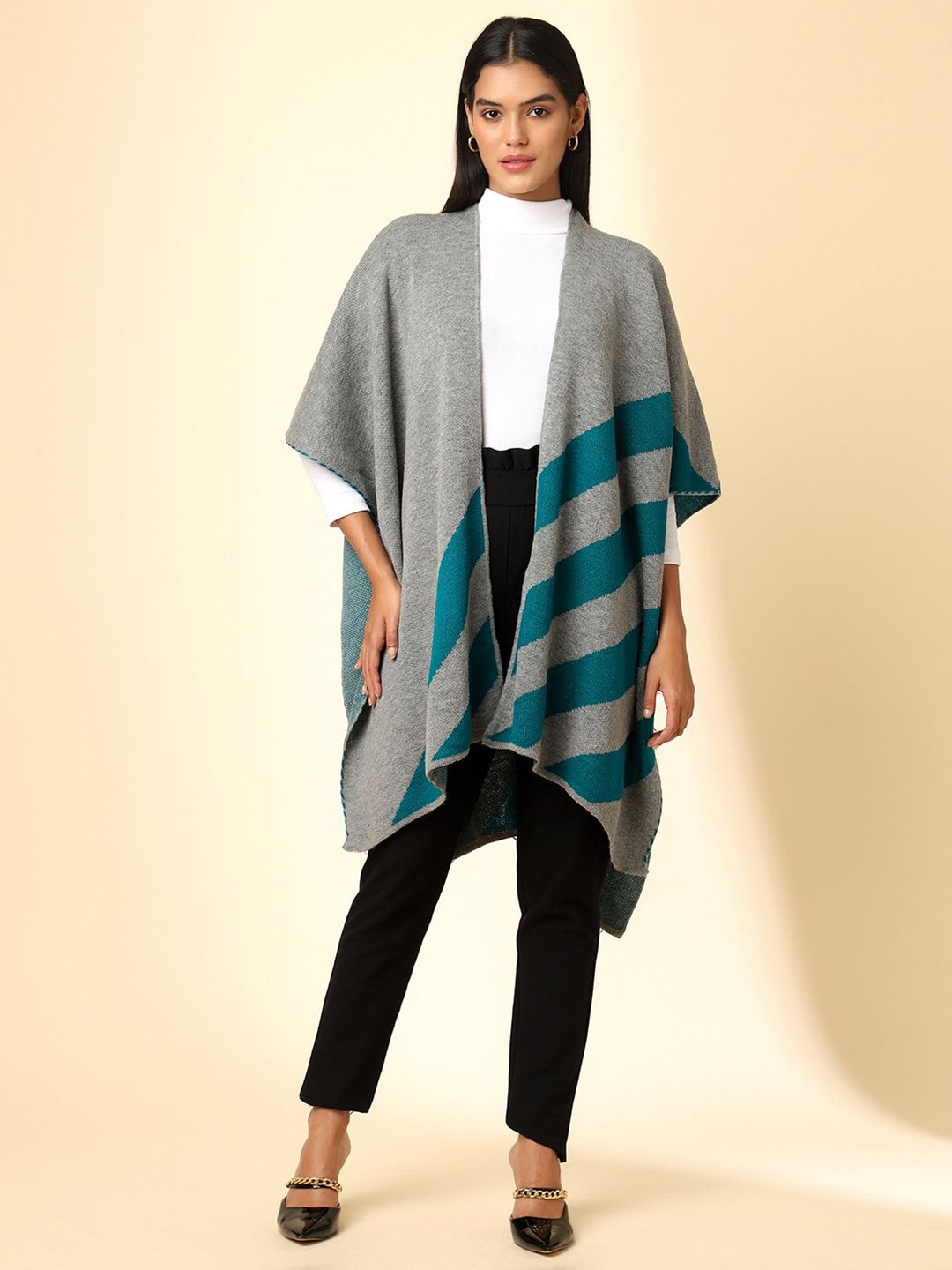 

Zamour Striped Open Front Longline Shrug, Grey