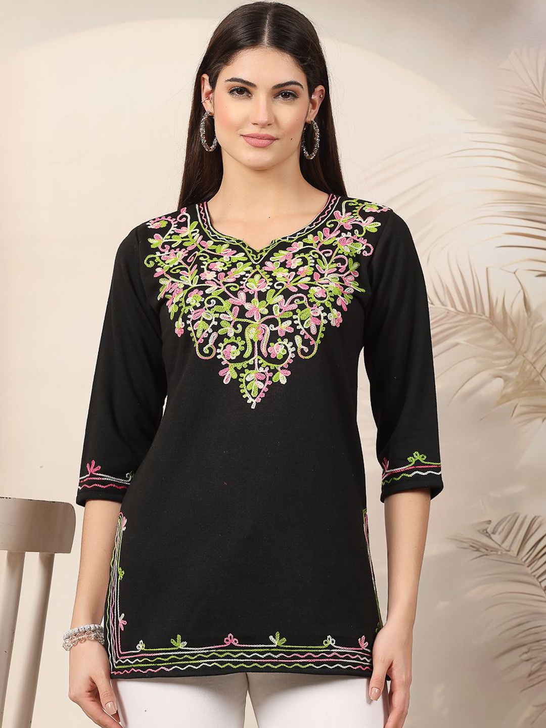 

Clora Creation Floral Embroidered Woollen Straight Kurti, Black