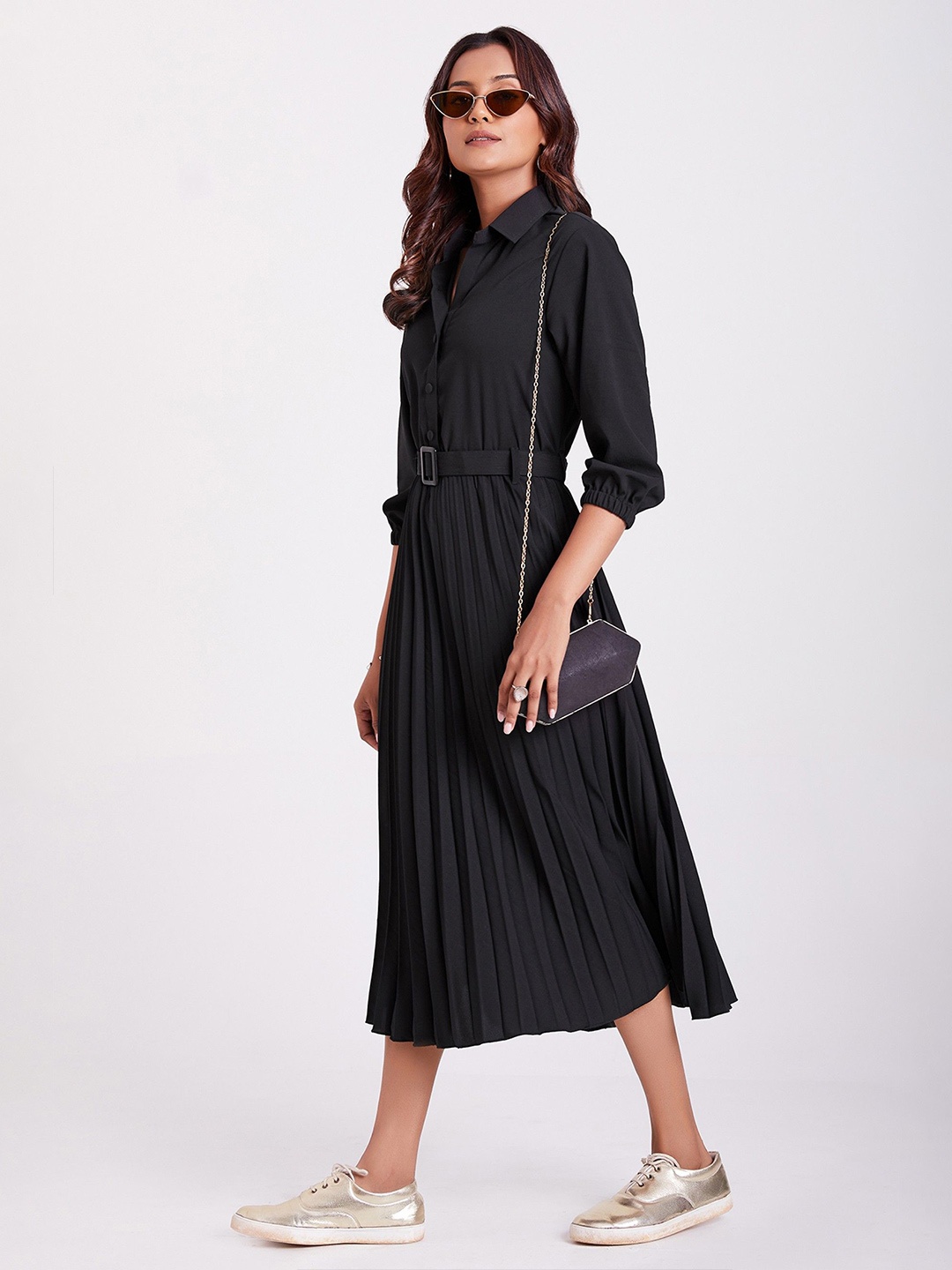 

Raiyani Enterprise Women Shirt Collar Fit & Flare Midi Dress, Black