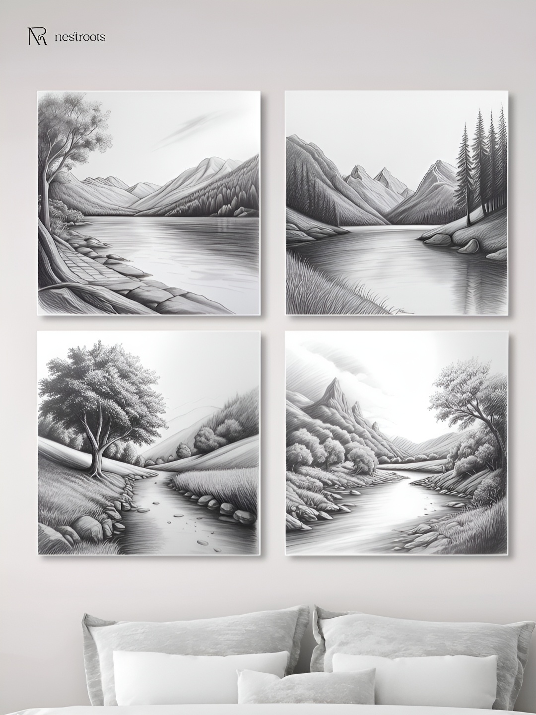 

nestroots Black & White 4 Pieces Serene River and Tree Canvas Painting Wall Arts