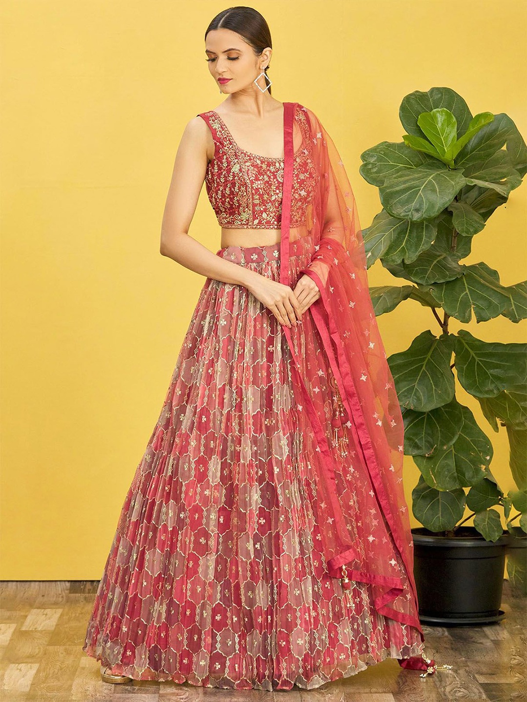 

ODETTE Embellished Sequinned Organza Semi-Stitched Lehenga & Unstitched Blouse & Dupatta, Maroon