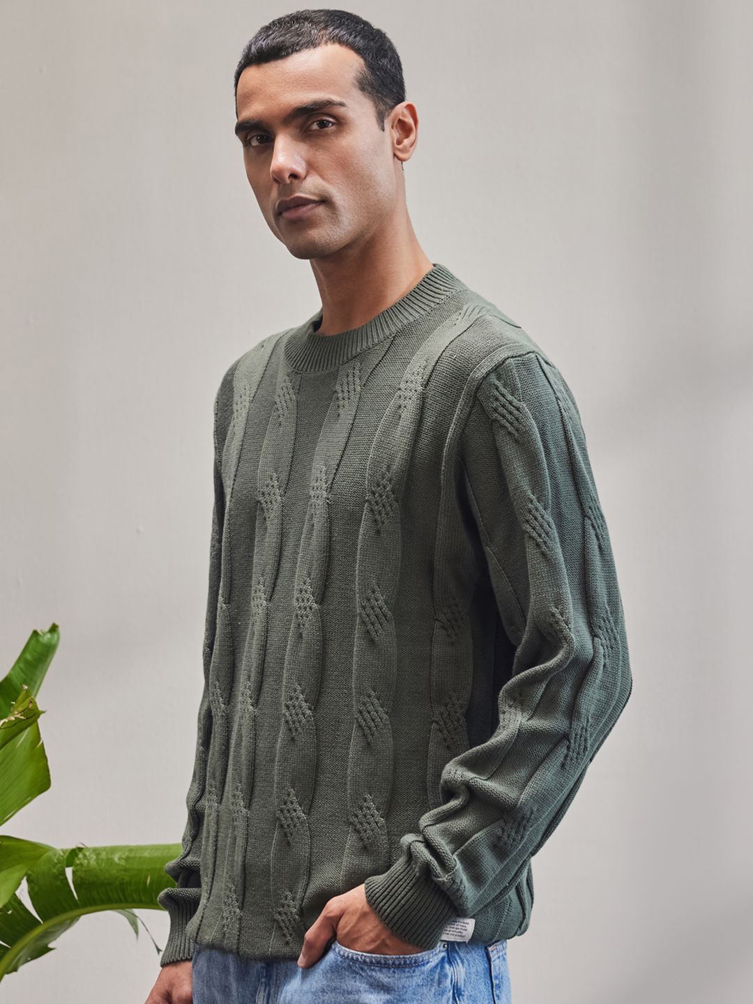 

Mr Bowerbird Men Self Design Long Sleeves Cotton Cable Knit Casual Pullover, Olive