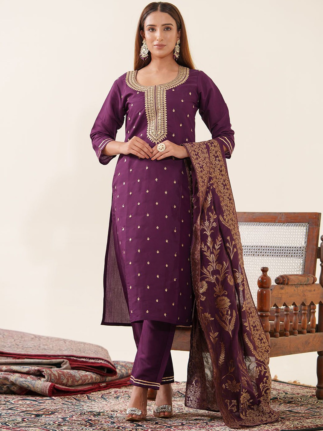

Meena Bazaar Ethnic Motifs Embroidered Kurta With Trousers & Dupatta, Purple