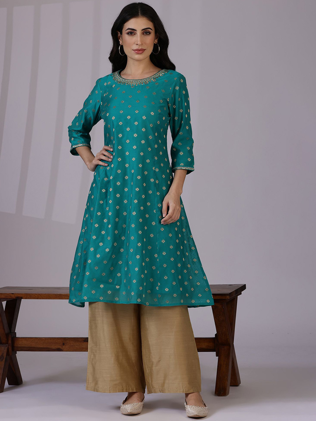 

W Teal Green Geometric Woven Design Sequinned Round Neck A-Line Kurta