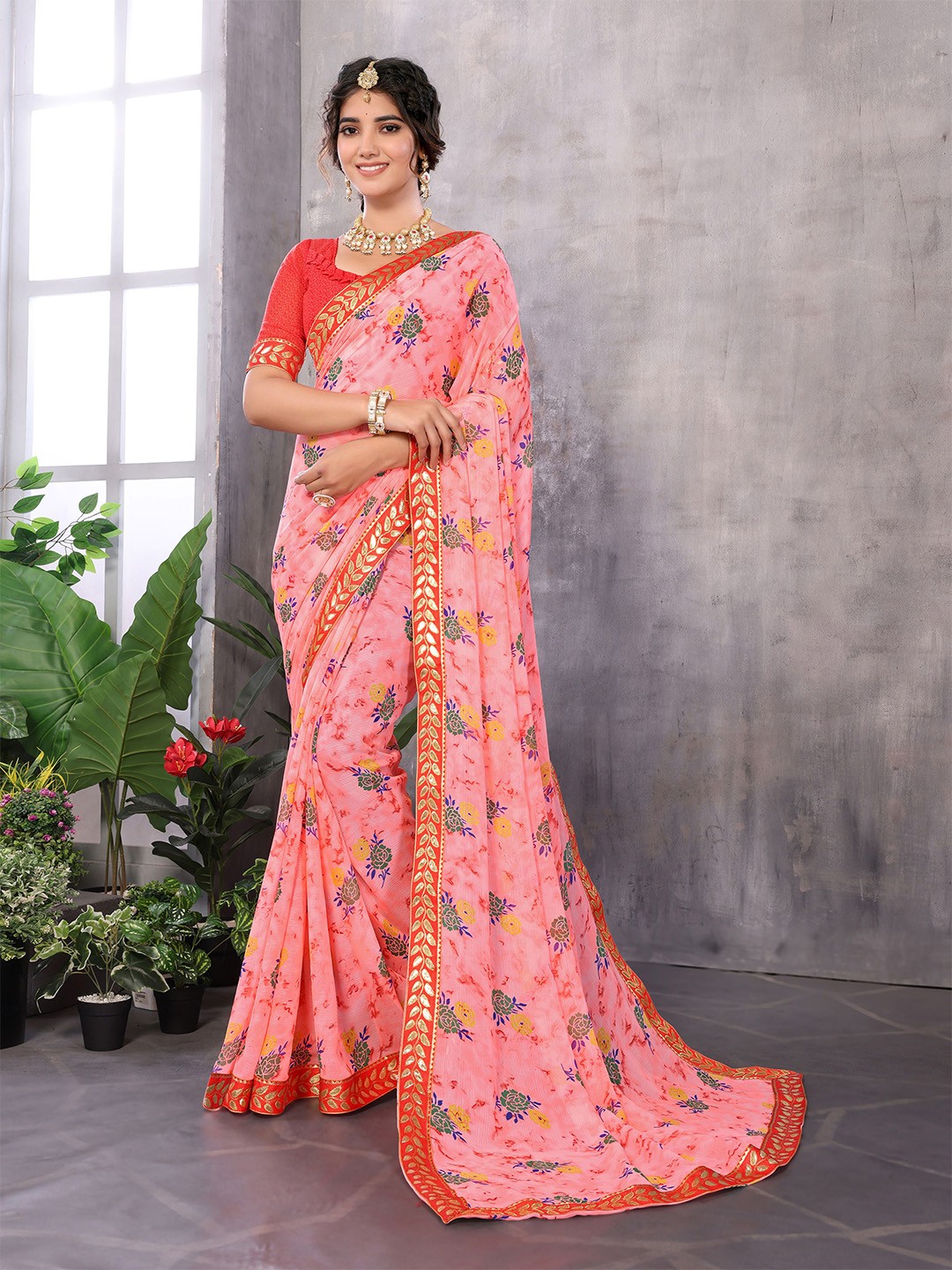 

KALINI Floral Printed Fusion Saree, Peach