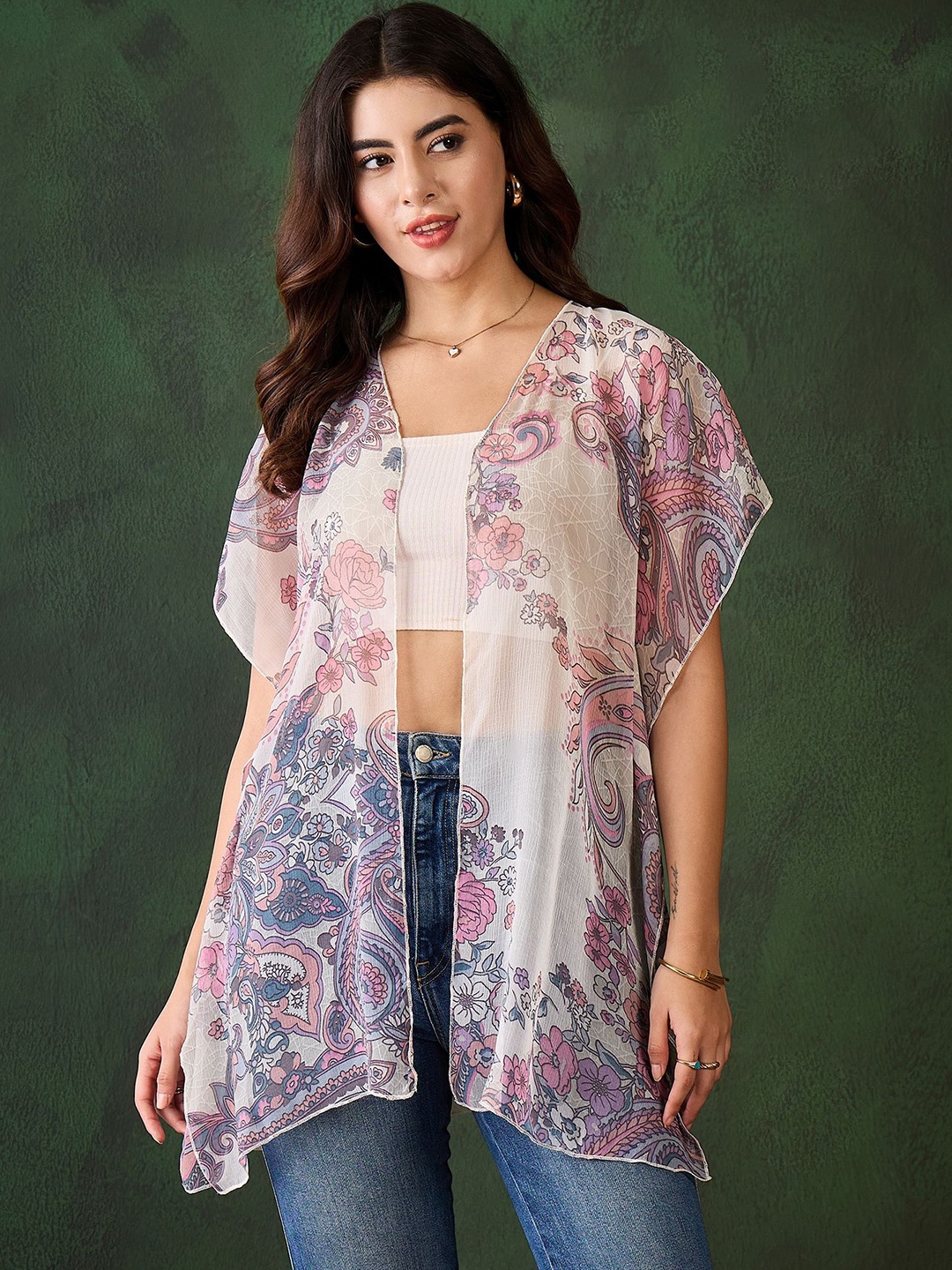 

StyleStone Floral Printed Open Front Shrug, White