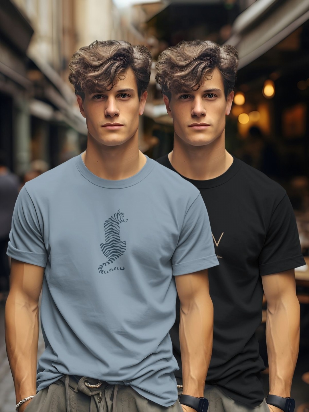 

BULLMER Men Pack Of 2 Graphic Printed Round Neck Cotton T-shirts, Grey