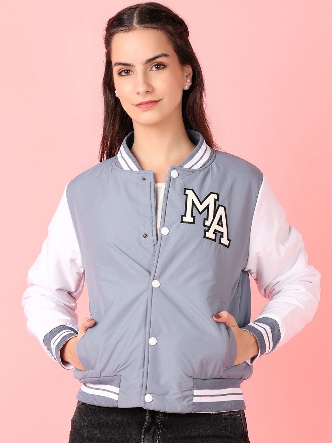 

V-Mart Women Stand Collar Typography Printed Cotton Casual Varsity Jacket, Blue