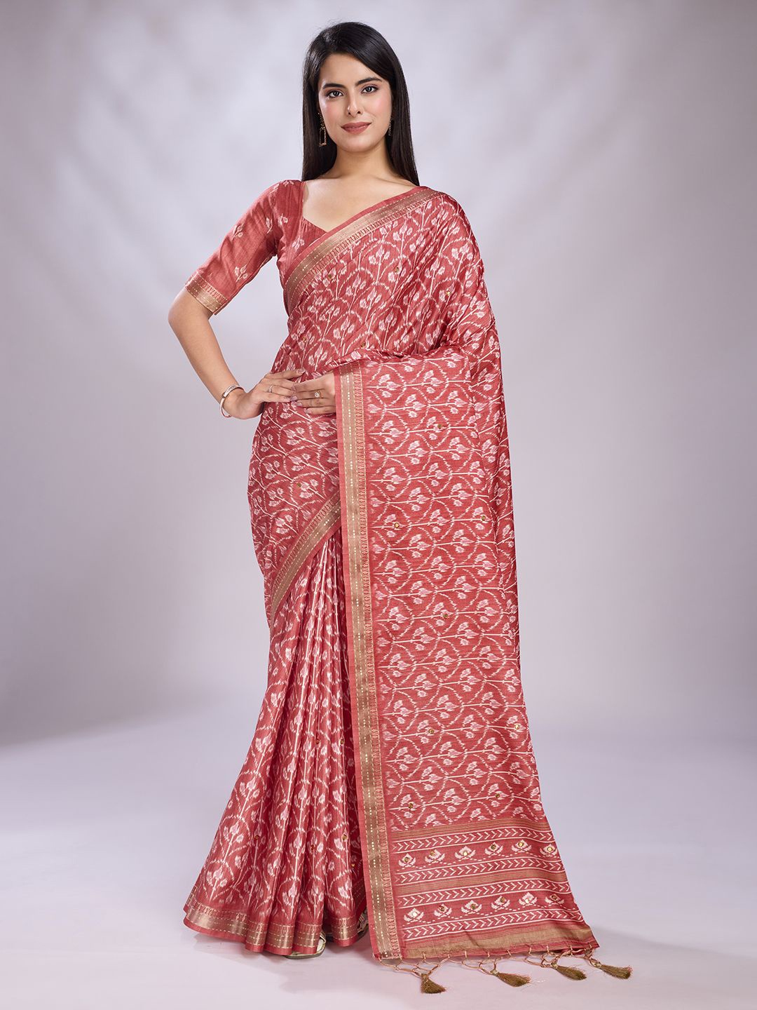 

Mitera Printed Sequinned Pure Silk Saree, Pink