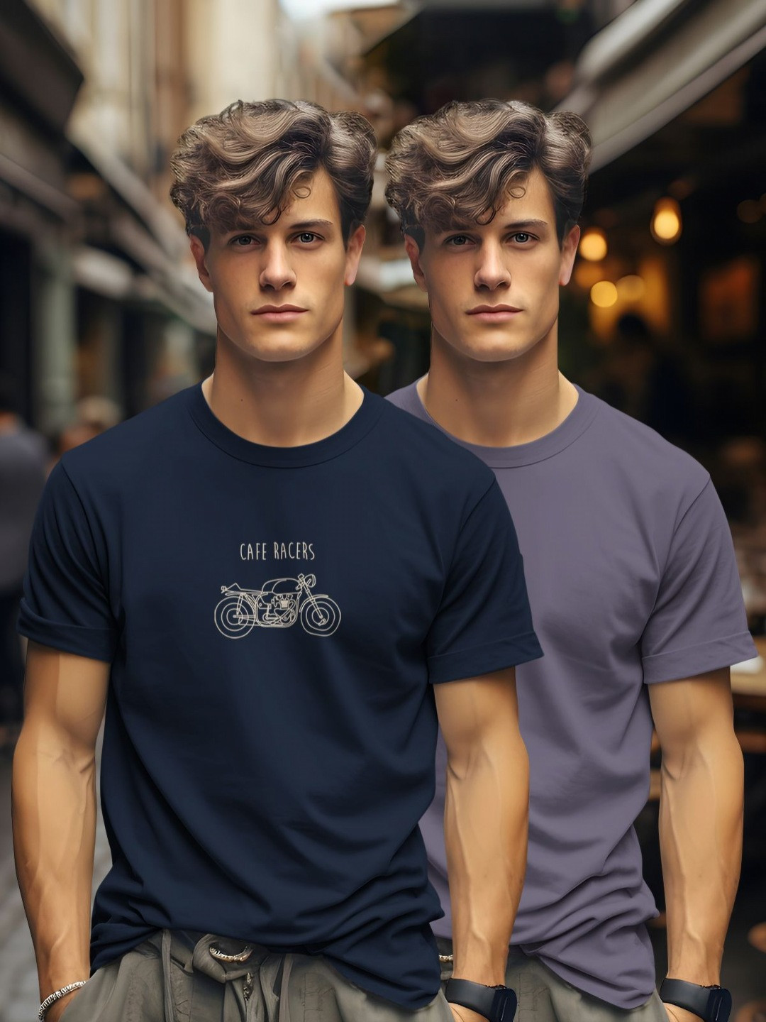 

BULLMER Men Pack Of 2 Graphic Printed Round Neck Cotton T-shirts, Navy blue