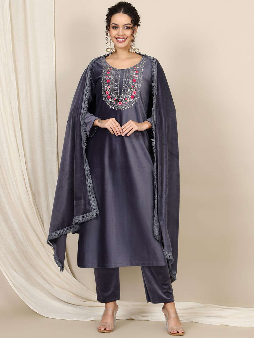 

Ziva Fashion Floral Embroidered Straight Pure Wool Kurta with Trousers & Dupatta, Grey