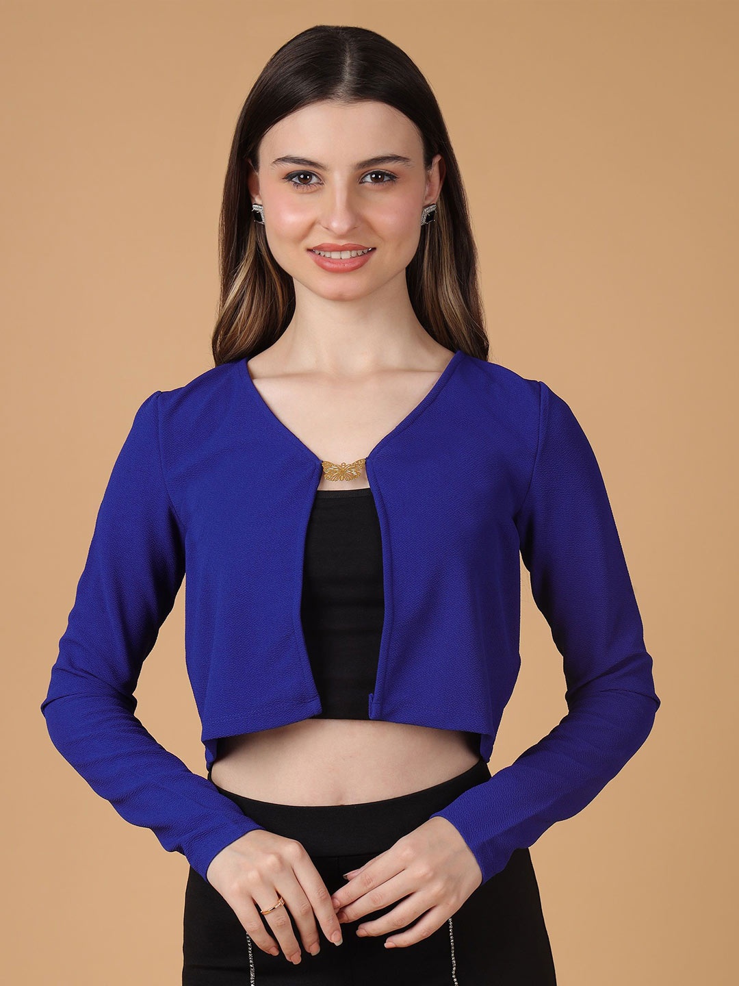 

SAFFE Women Full Sleeve Front Open Crop Top, Blue