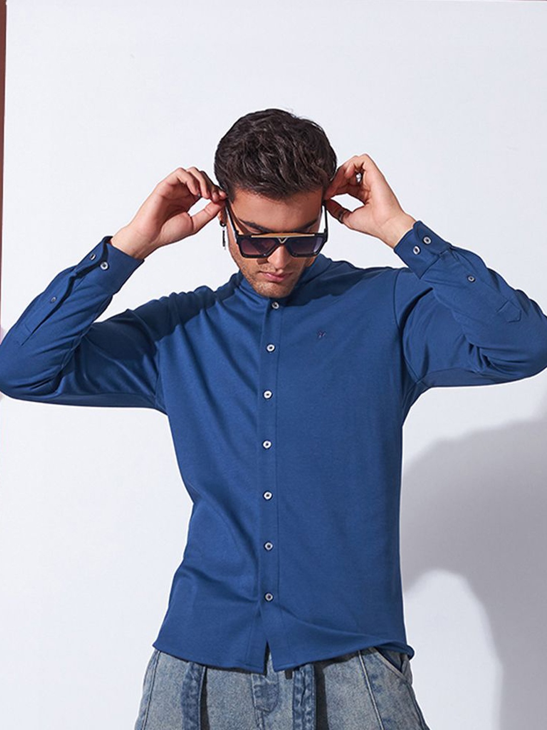 

Markle Moro Men Band Collar Solid Cotton Casual Shirt, Blue