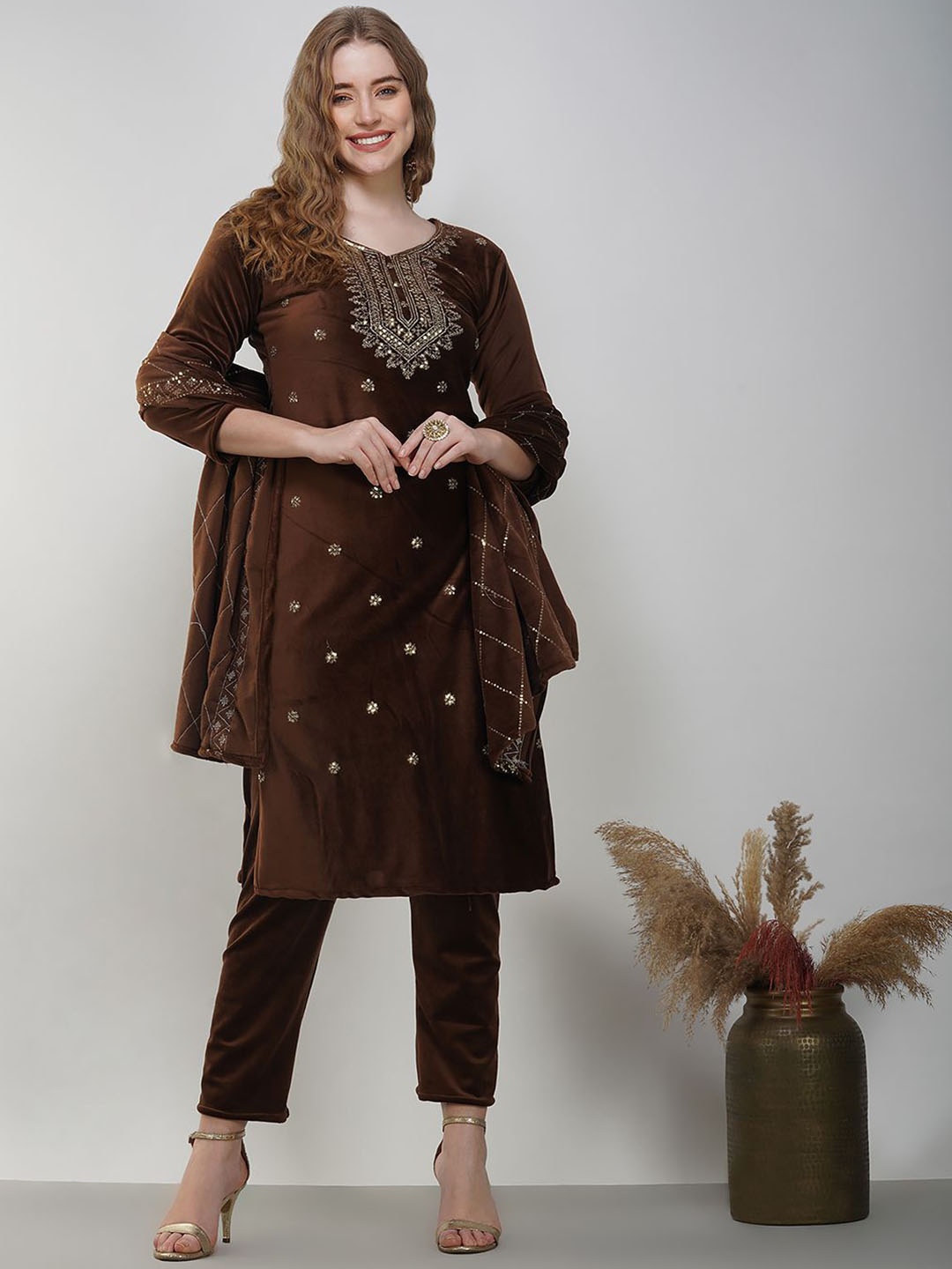 

KALINI Floral Embroidered Sequinned Straight Kurta With Trousers & Dupatta, Brown