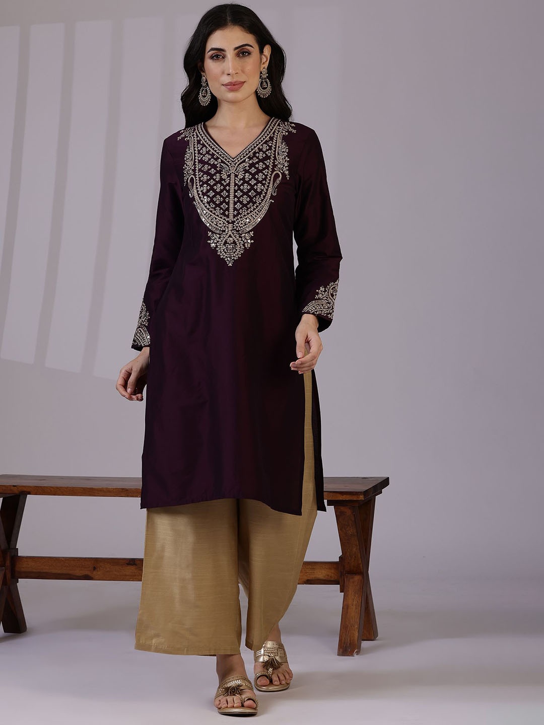 

W Purple Floral Embroidered V-Neck Long Sleeves Regular Straight Kurta
