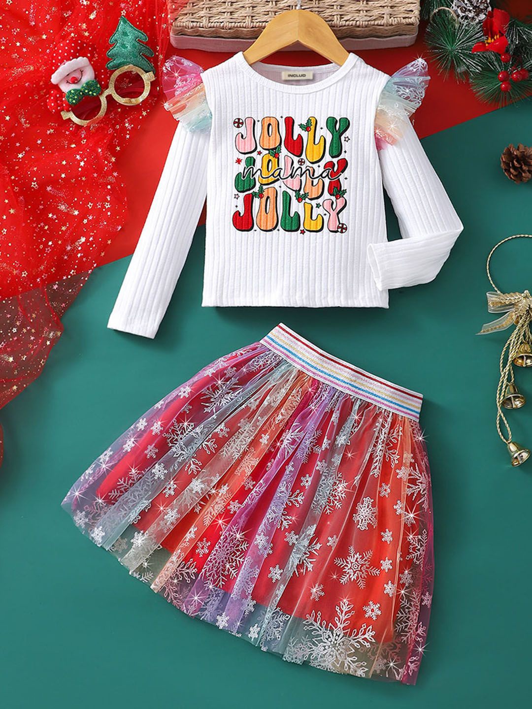 

INCLUD Girls Merry Christmas Printed T-shirt with Skirt, Red
