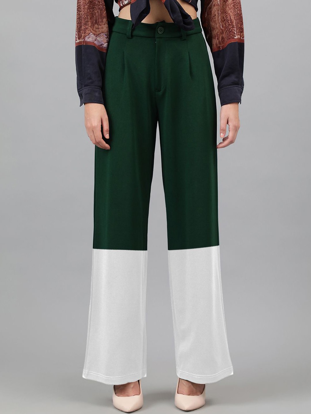 

Kotty Women Colourblocked Relaxed Straight Fit High-Rise Easy Wash Pleated Trousers, Green