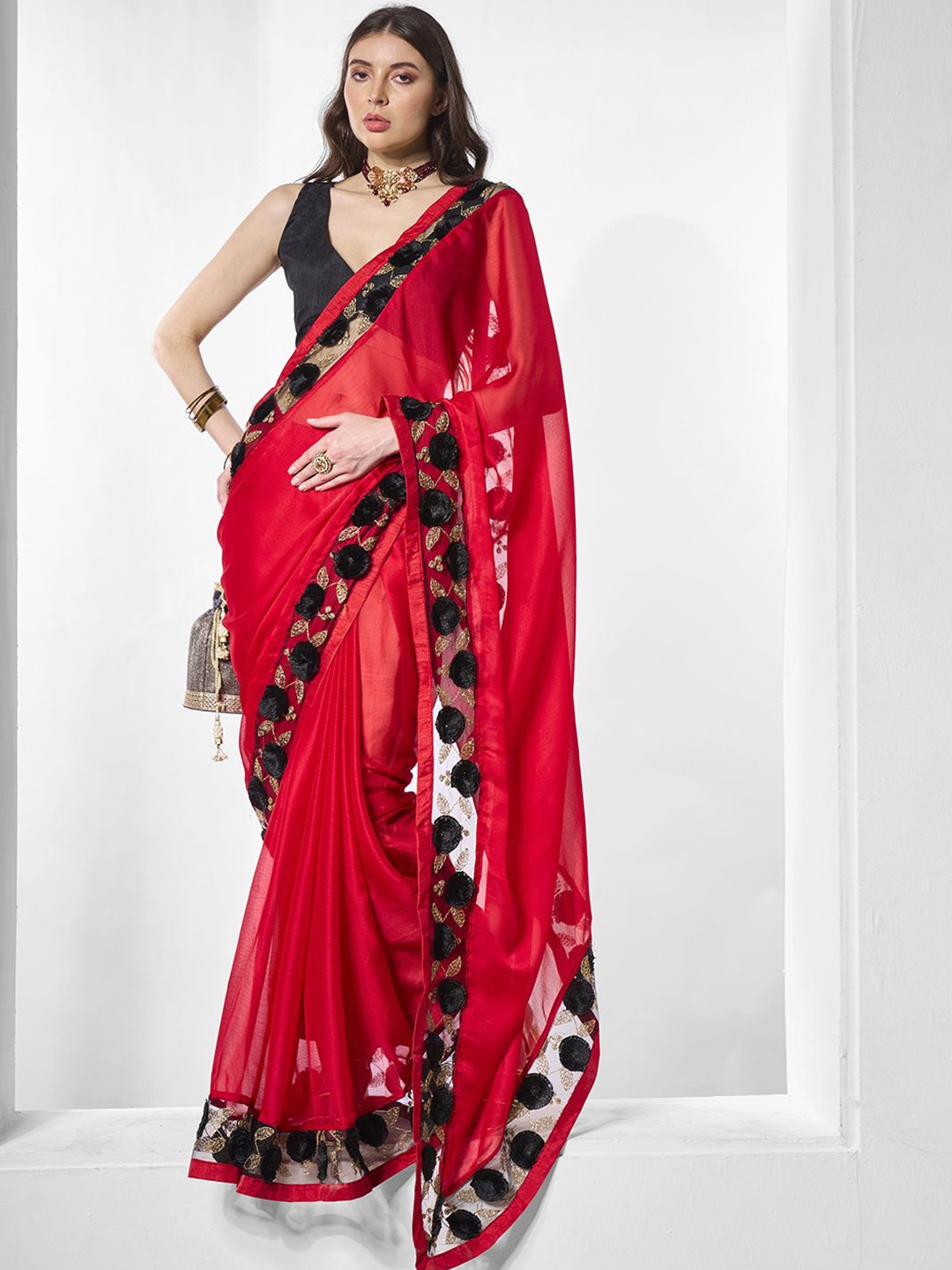 

Kalista Sequinned Pure Chiffon Ready to Wear Saree, Red