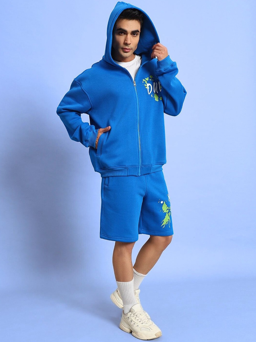 

WEARDUDS Printed Hooded Long Sleeves Sweatshirt With Shorts, Blue