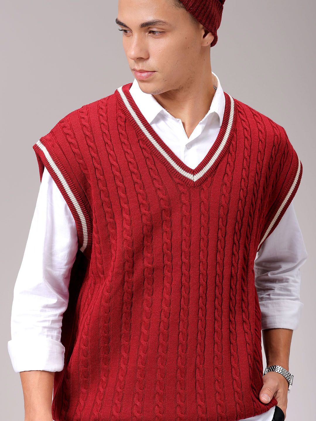 

The Indian Garage Co Men Cable Knit Pullover Sweater, Maroon