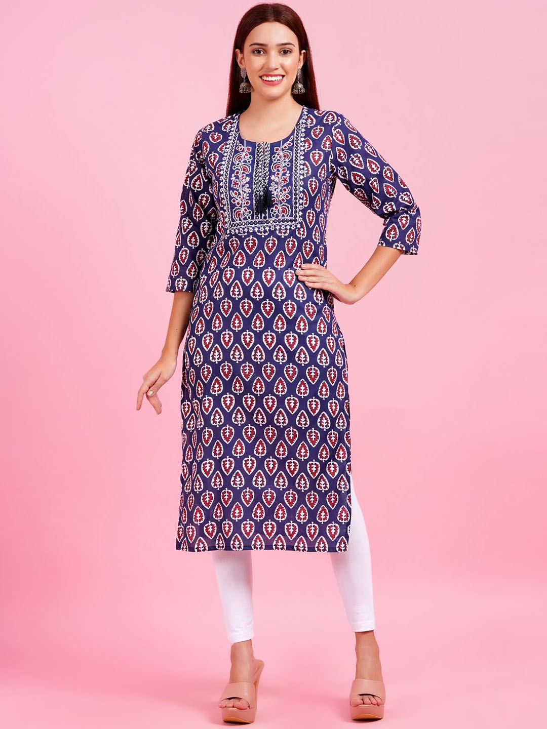 

HIGHLIGHT FASHION EXPORT Ethnic Motifs Printed Tie-up Neck Cotton Straight Kurta, Navy blue