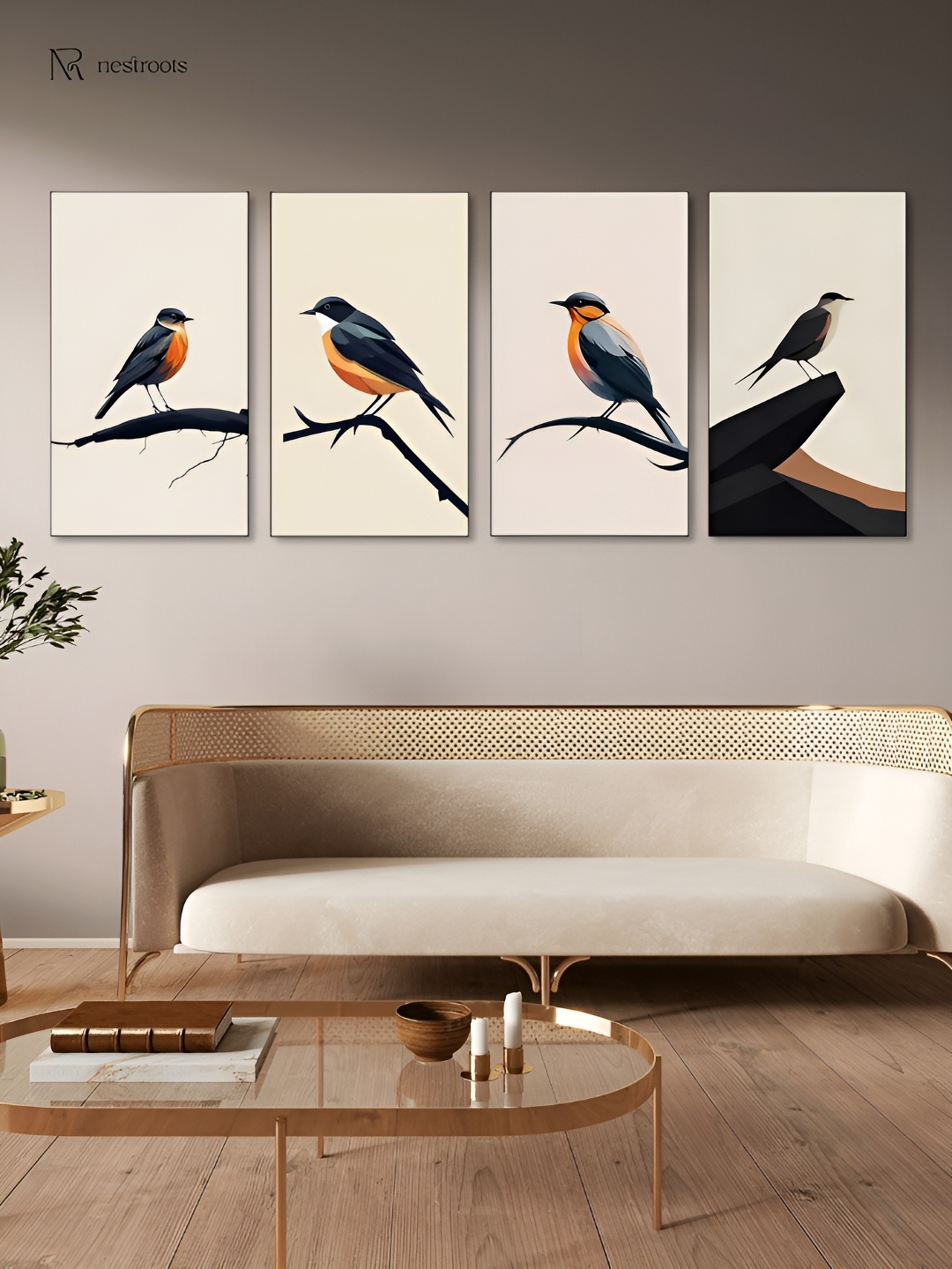 

nestroots Black & Yellow 4 Pieces Birds and Animals Canvas Painting Wall Arts