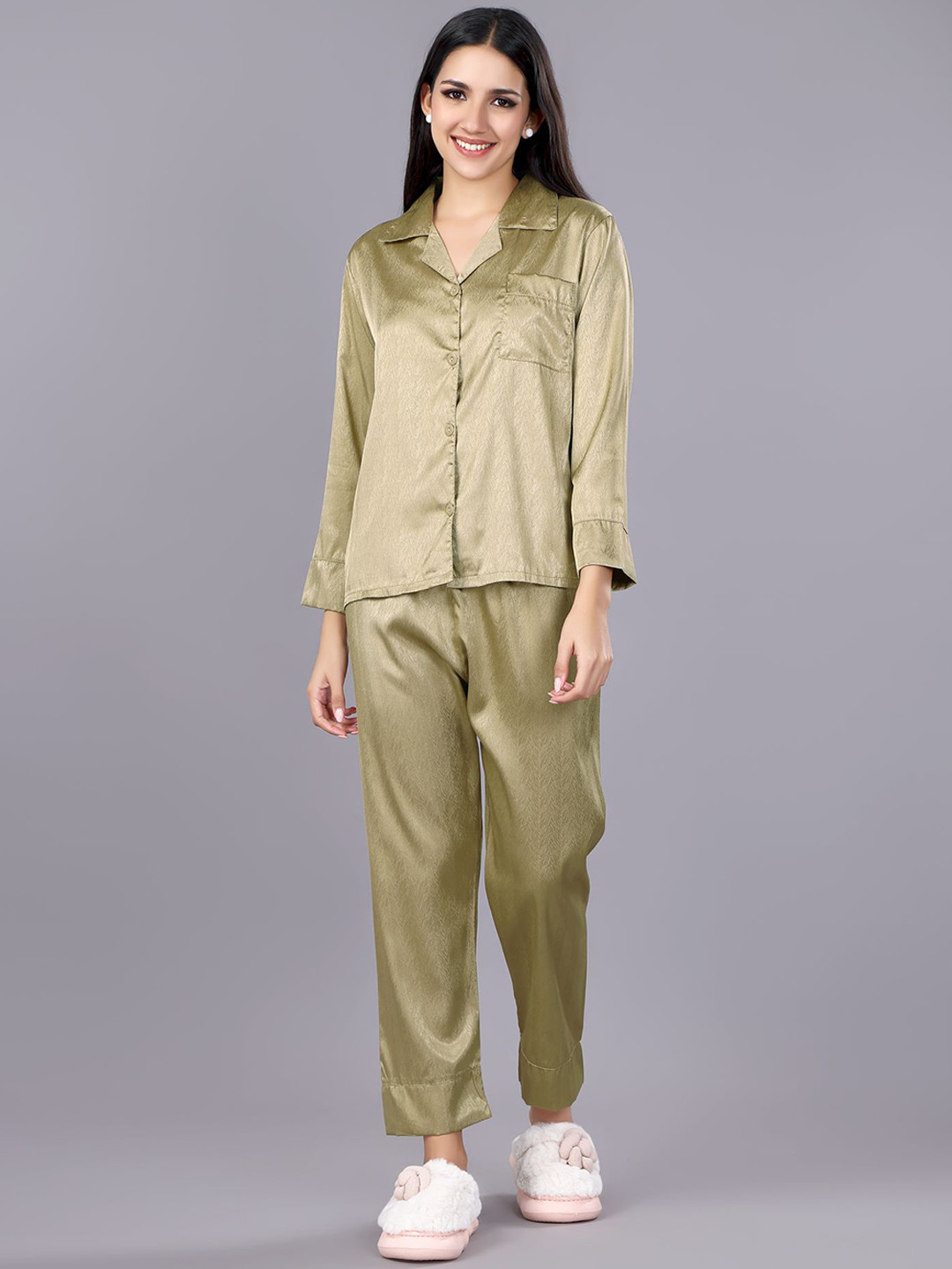 

ANSEE by Addery Women Long Sleeves Shirt Collar Night suit, Olive