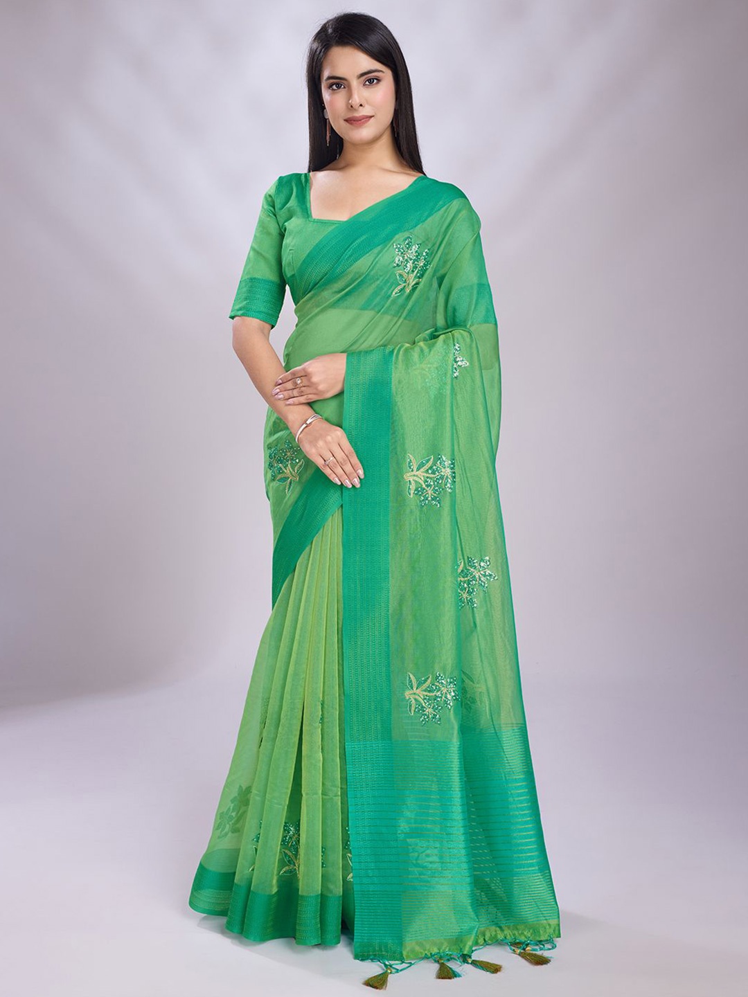 

Mitera Women Sequinned Organza Saree, Green