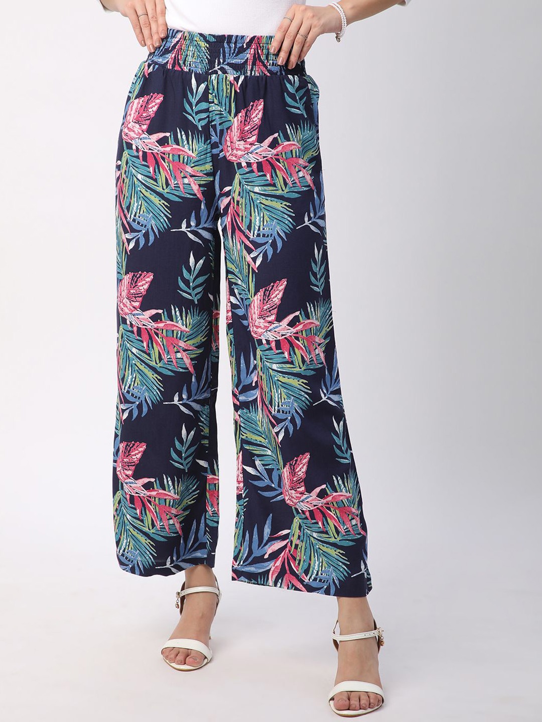 

Mystere Paris Women Floral Printed Wide Leg Palazzo, Navy blue