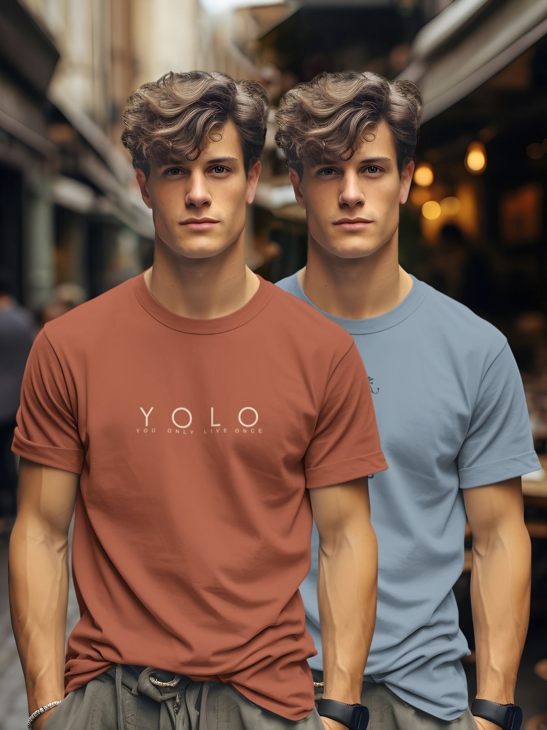 

BULLMER Men Pack Of 2 Graphic Printed Round Neck Cotton T-shirts, Brown