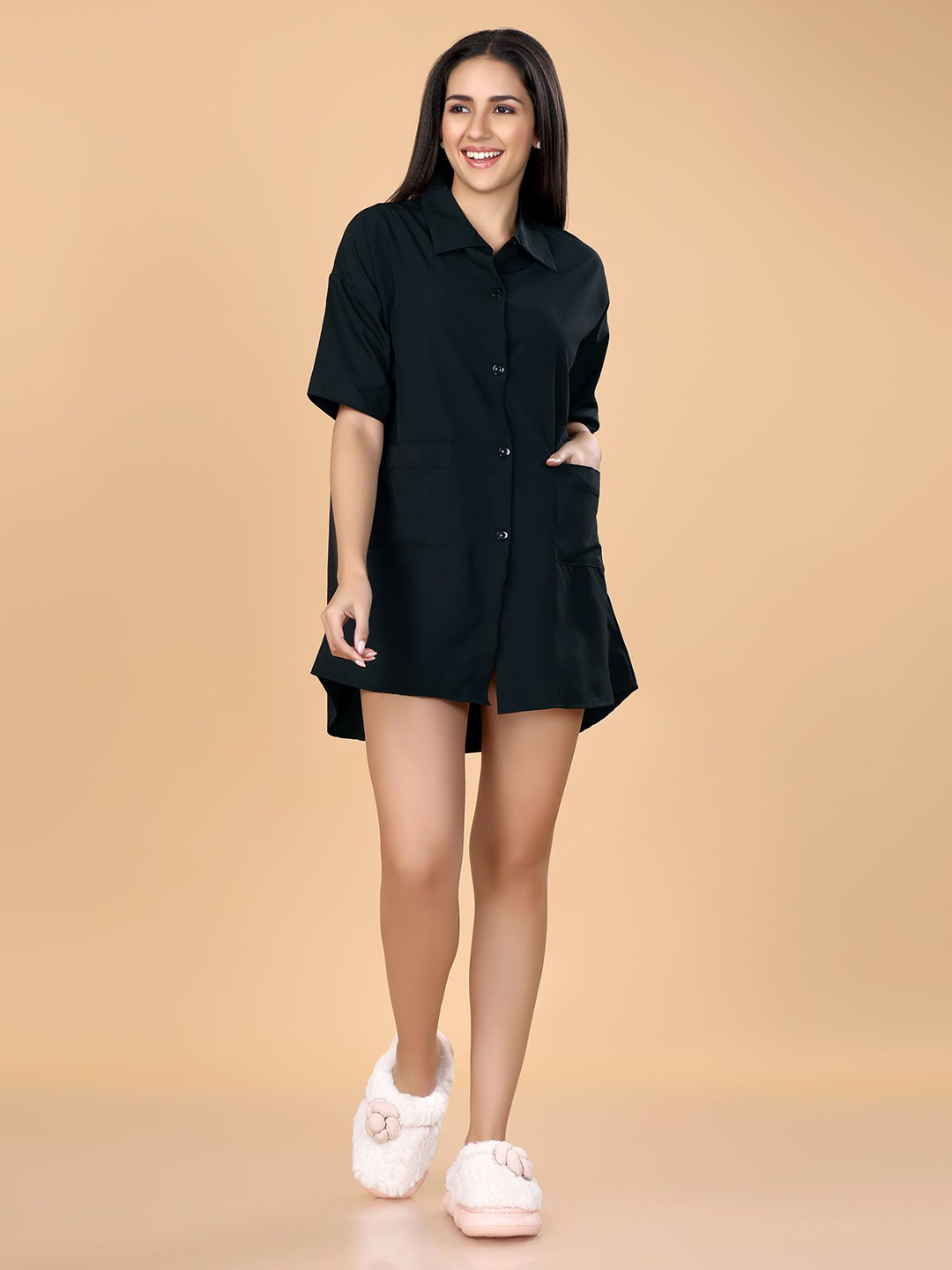 

ANSEE by Addery Women Lapel Collar Above Knee Nightdress, Black
