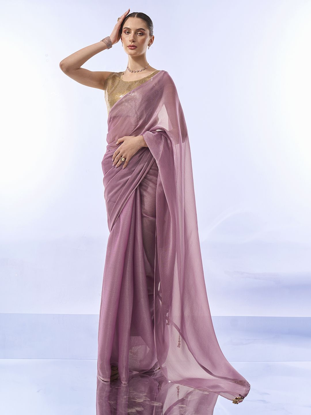 

Kalista Solid Pure Chiffon Ready to Wear Saree With Sequined Blouse, Lavender