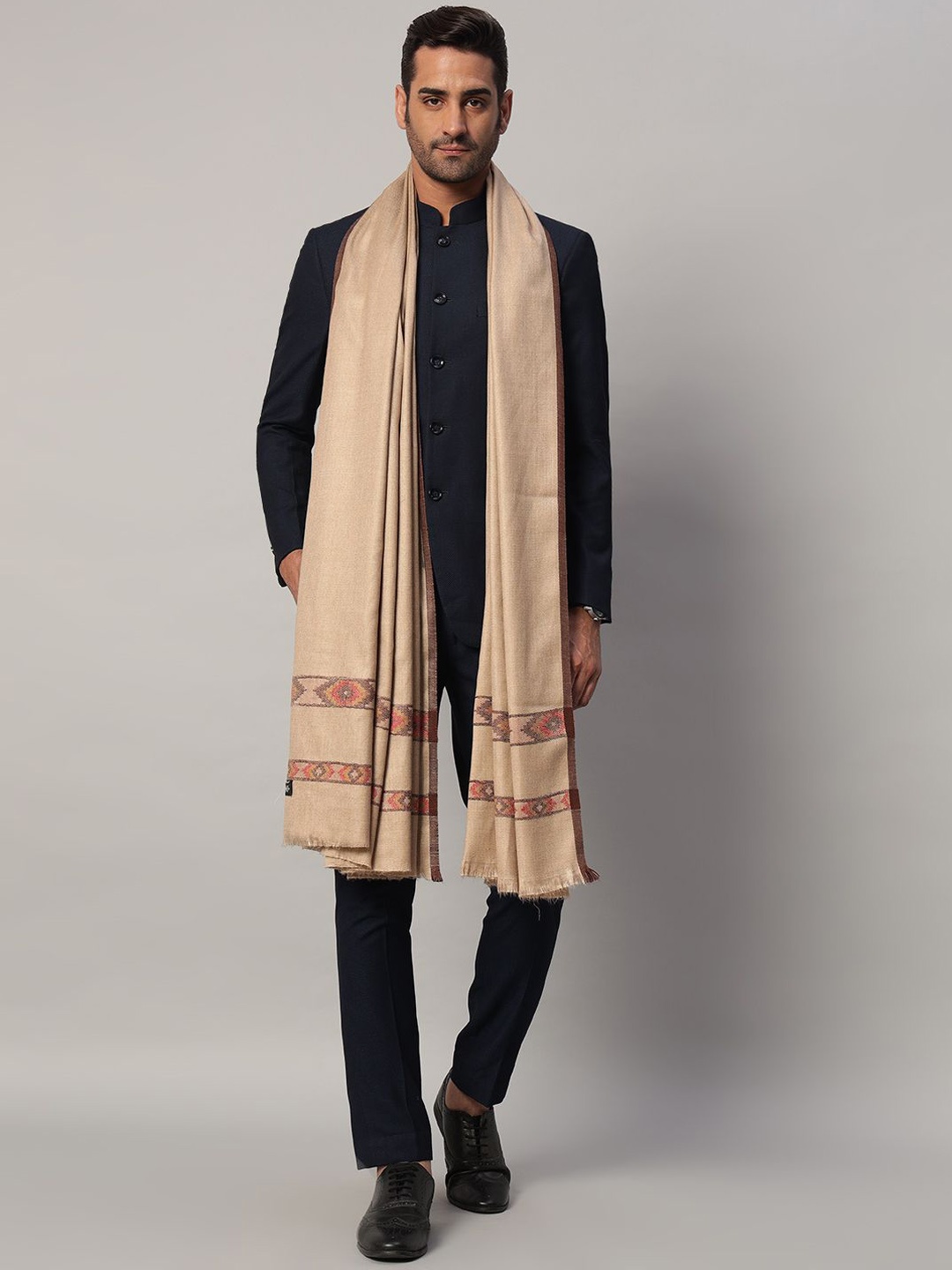 

HANDICRAFT PALACE Abstract Woven Design Woollen Shawl, Beige