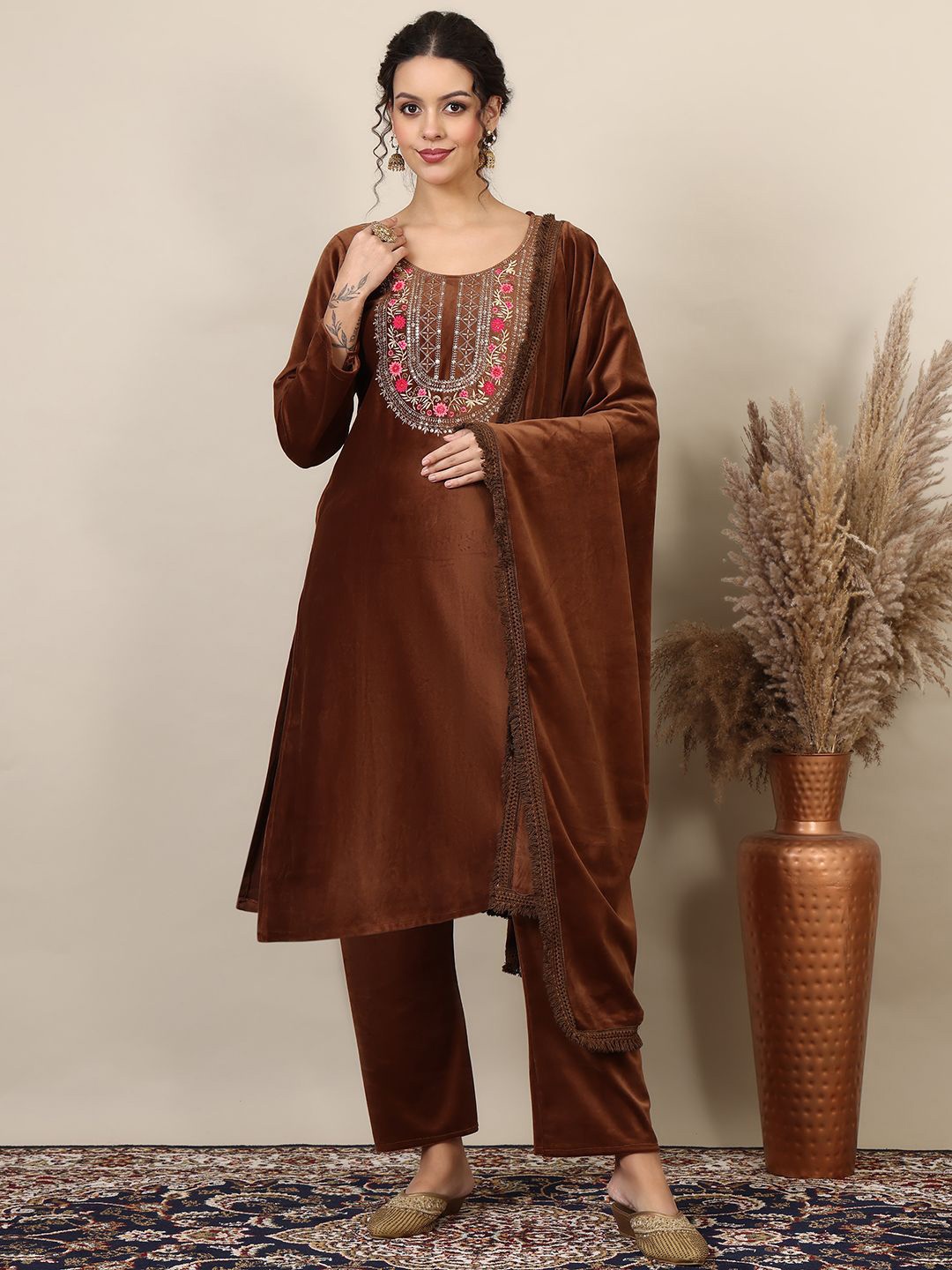 

Ziva Fashion Floral Embroidered Sequined Pure Wool Kurta With Trousers & Dupatta, Brown