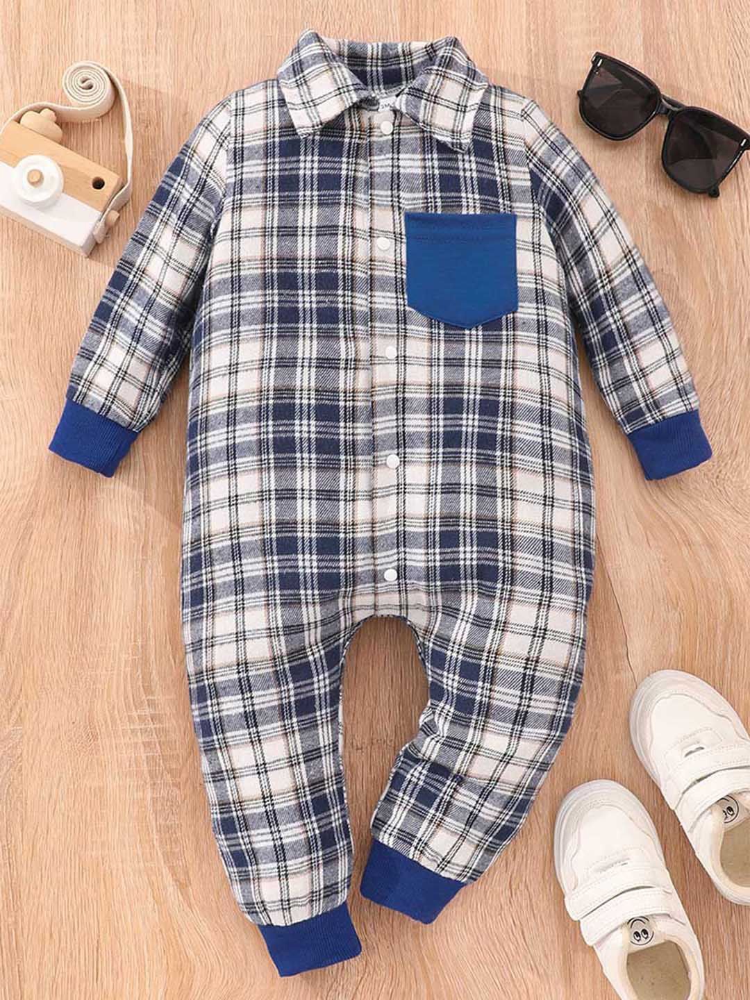 

INCLUD Boys Checked Shirt Collar Romper, Blue