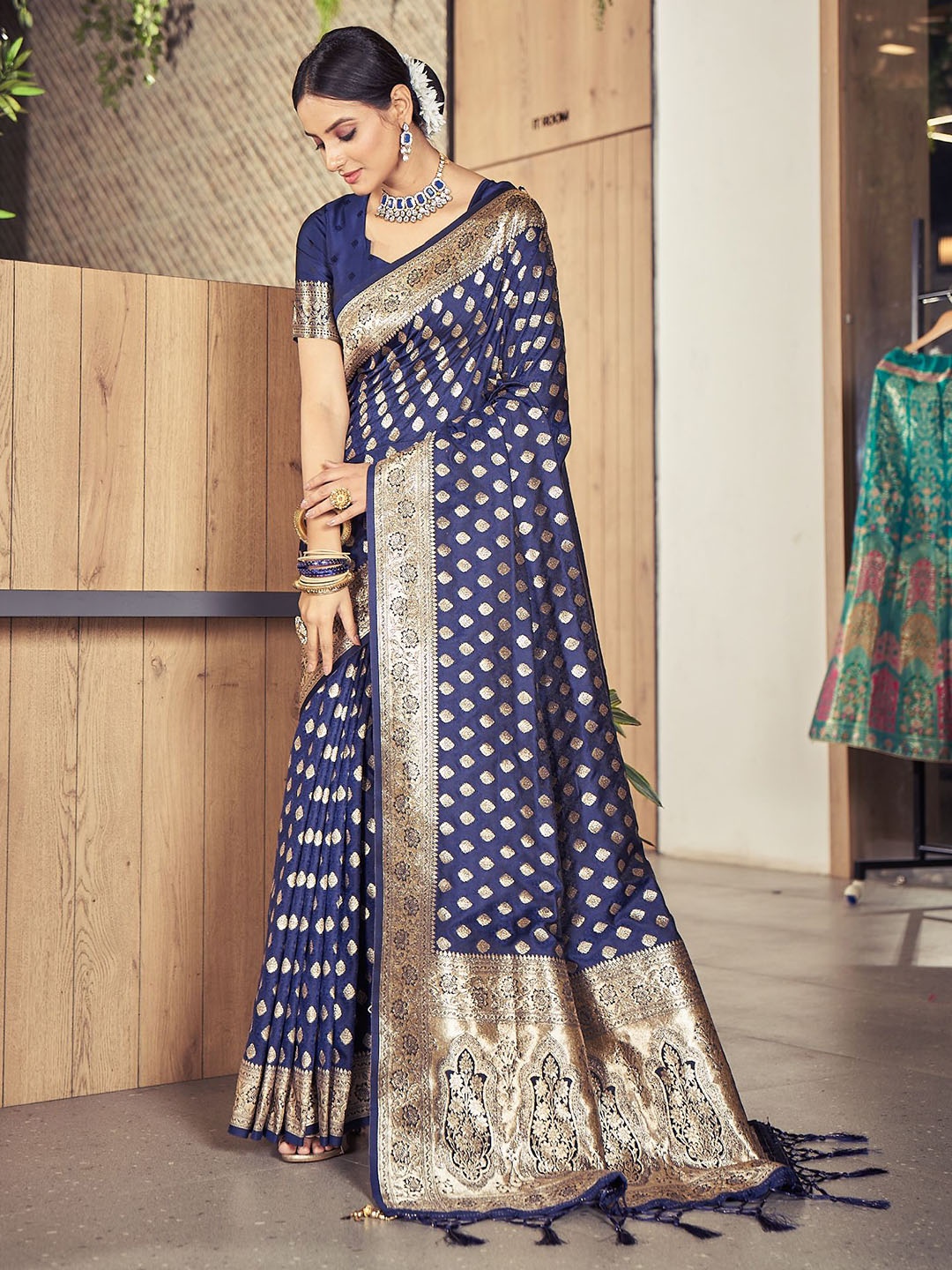 

KALINDI Ethnic Motifs Zari Banarasi Saree, Navy blue