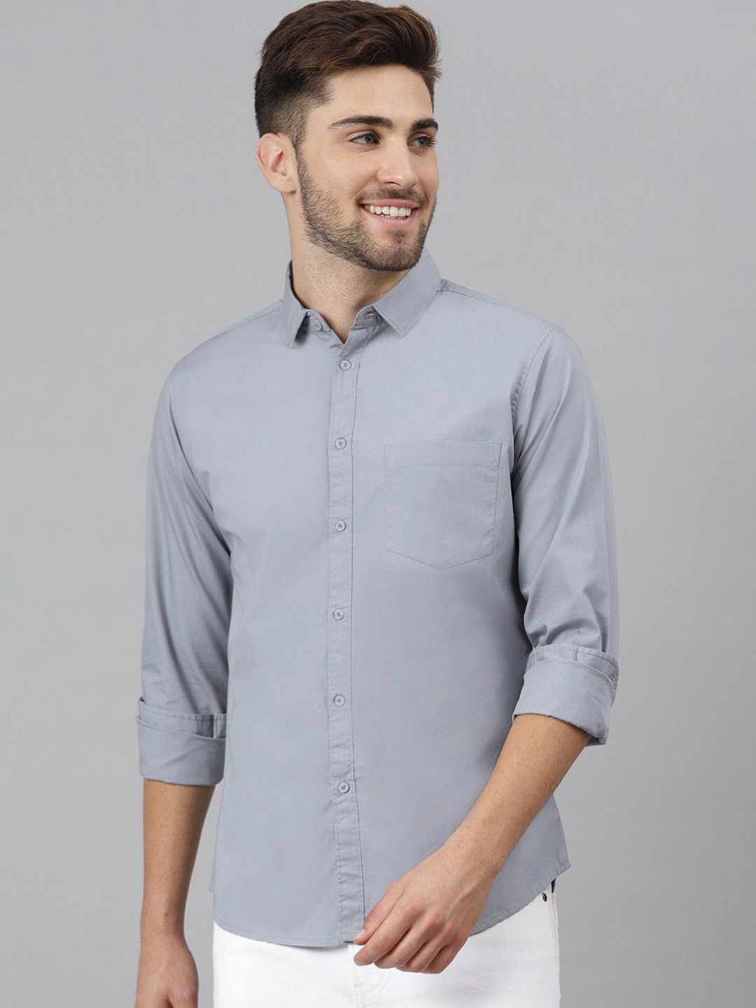 

Provogue Men India Slim Spread Collar Solid Cotton Casual Shirt, Grey