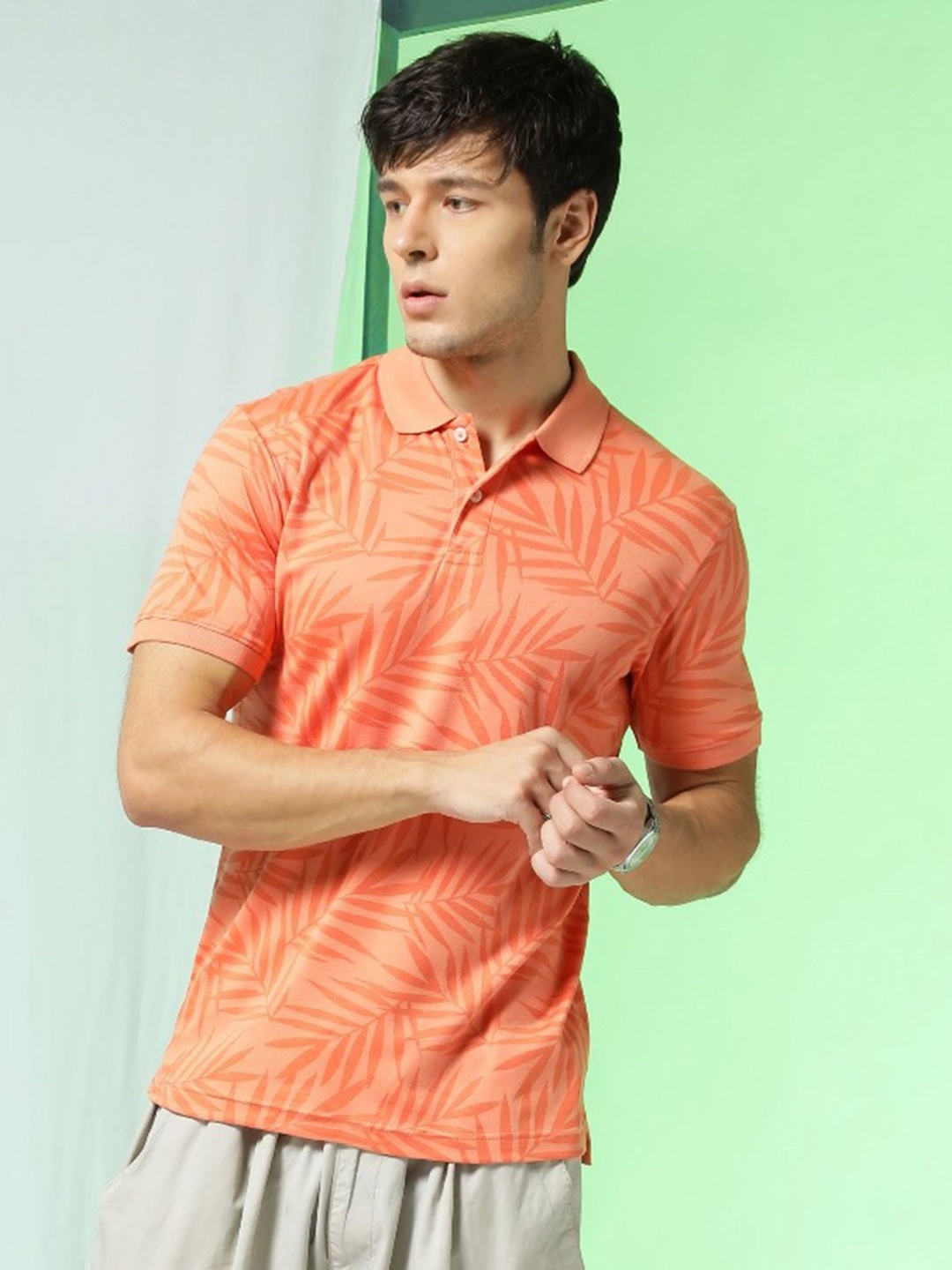 

Markle Moro Men Floral Printed Polo Collar Cotton T-shirt, Orange