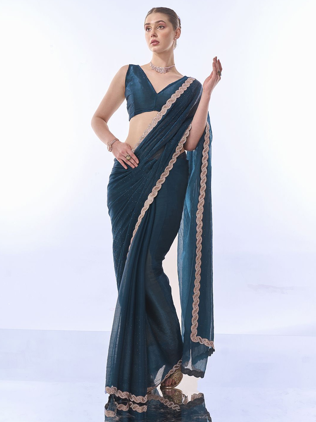

Kalista Embellished Beads and Stones Ready to Wear Saree, Teal