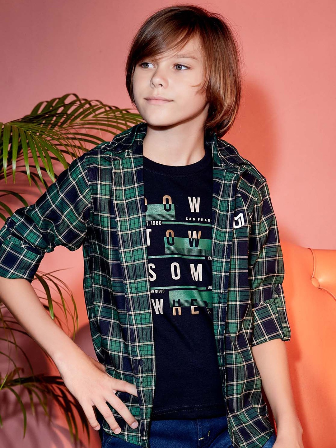 

MashUp Boys Classic Opaque Checked Casual Shirt, Green