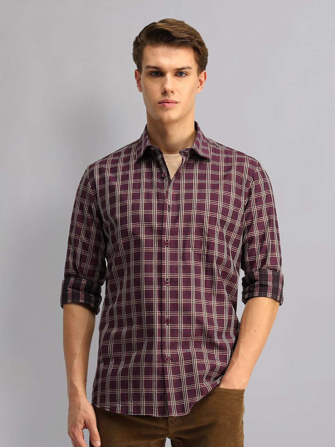 

AD By Arvind Men Spread Collar Tartan Checked Cotton Slim Fit Casual Shirt, Maroon