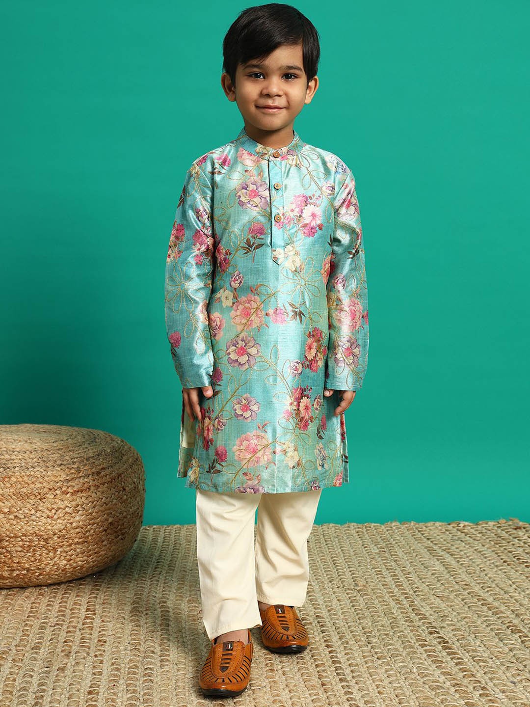 

Readiprint Boys Floral Printed Pure Silk Straight Kurta With Pyjama, Blue