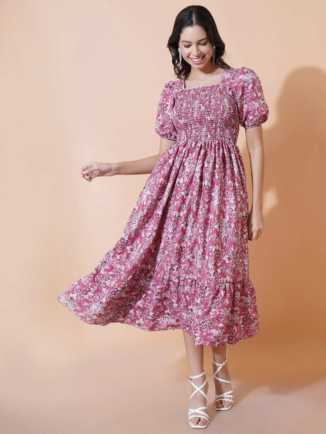 

Krunal Raiyani Women Floral Printed Fit & Flare Midi Dress, Pink