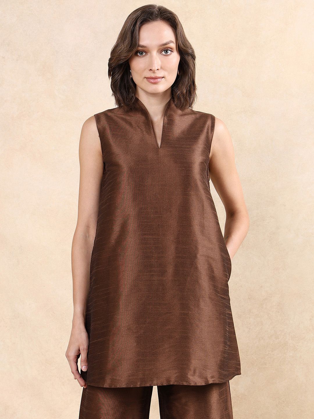 

RAREISM Longline Women V-Neck Sleeveless Top, Brown