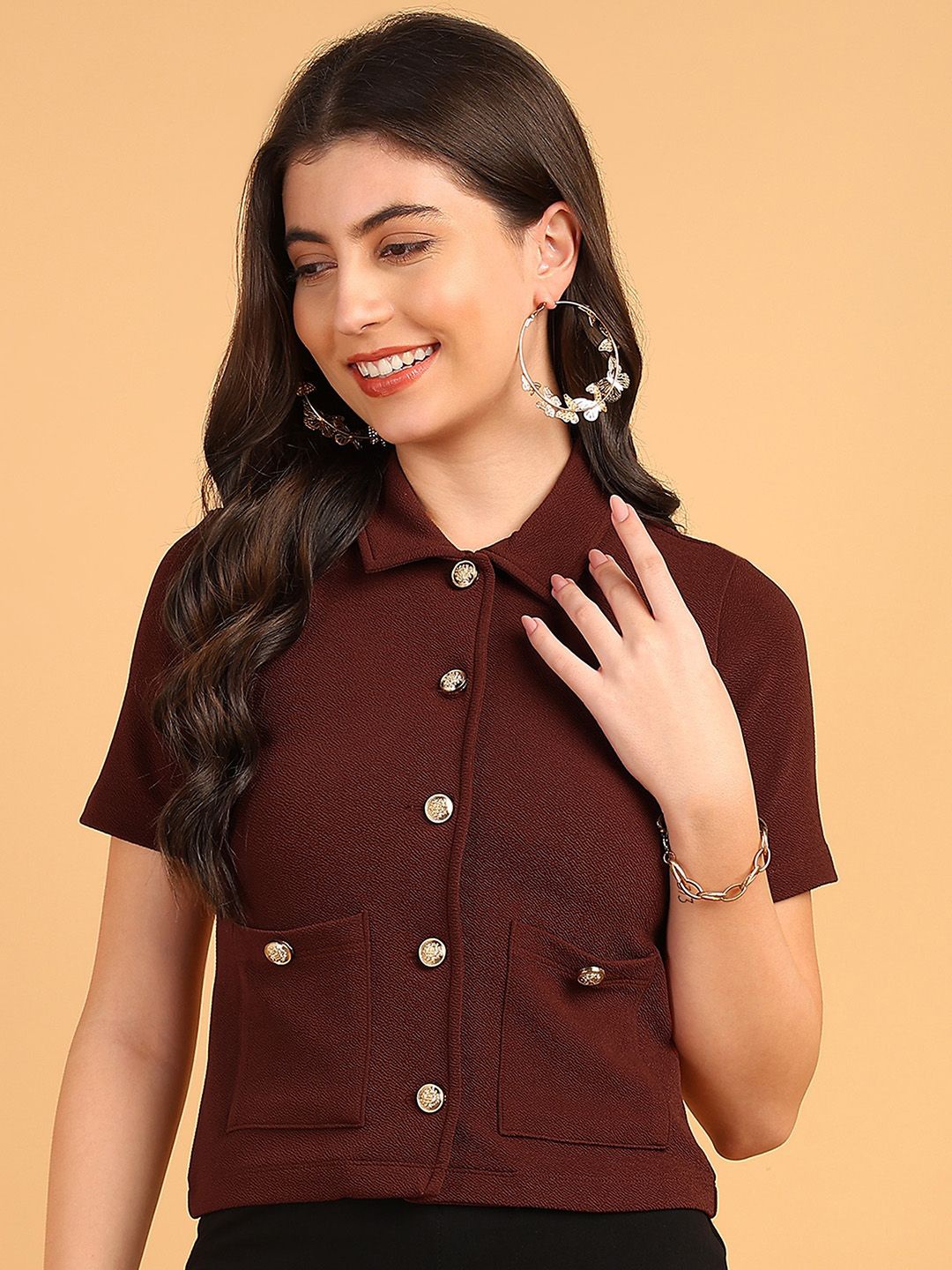 

SAFFE Women Shirt Collar Regular Top, Brown