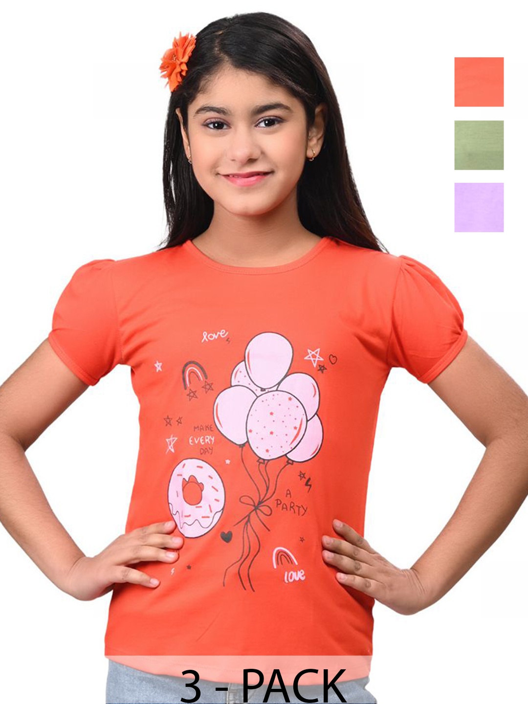 

INDIA FASHION FAB Girls Pack Of 3 Graphic Printed Round Neck Cotton T-shirts, Orange