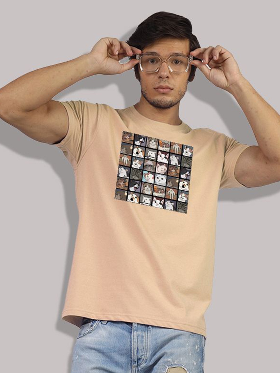 

Greylongg Men Graphic Printed Round Neck Cotton T-shirt, Beige