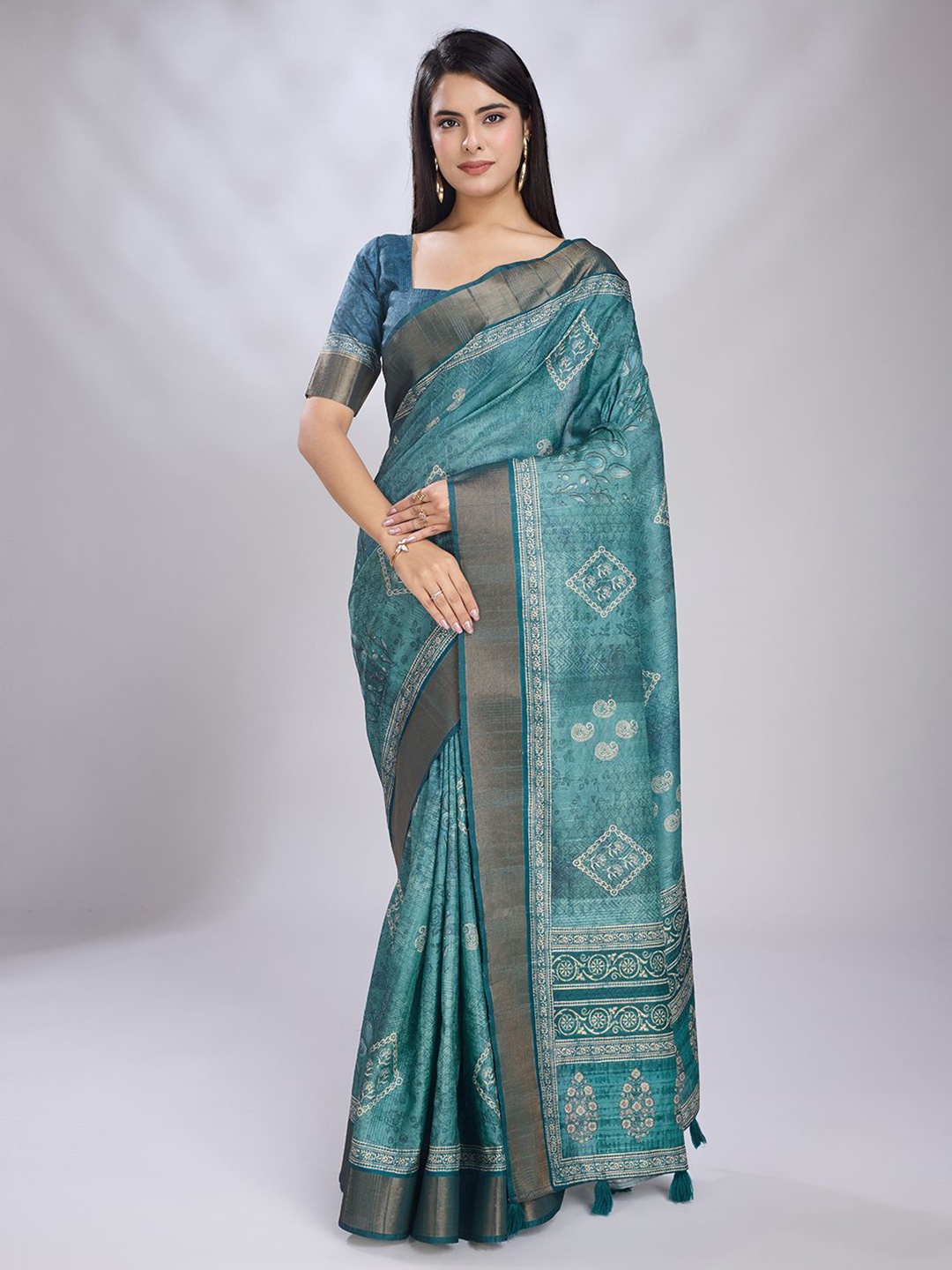 

KALINI Zari Ethnic Motifs Printed Saree With Blouse Piece, Teal